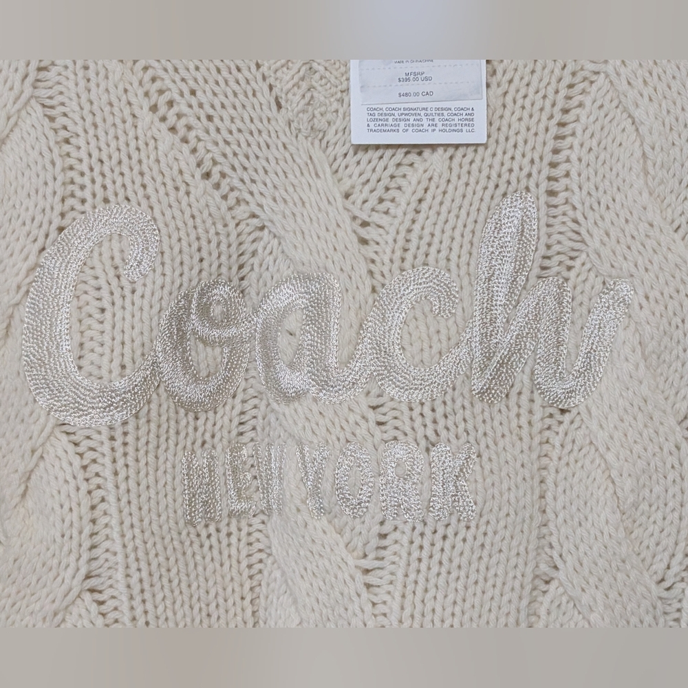 Coach Ivory Braided Cable Knit V-neck Wool Sweater, Embroidered Logo Size XS NWT - Picture 3 of 11